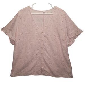 Old Navy XXL Blush Eyelet Blouse – Ruffle Sleeves, Button Front Cottagecore